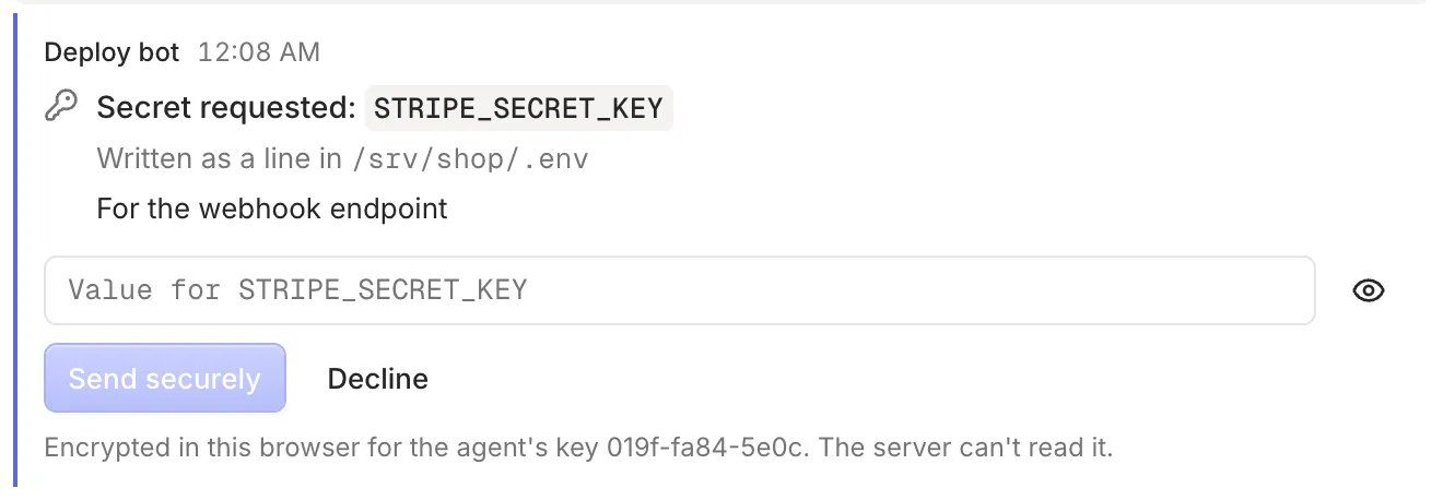 A secret request for STRIPE_SECRET_KEY with a masked value field, Send securely and Decline