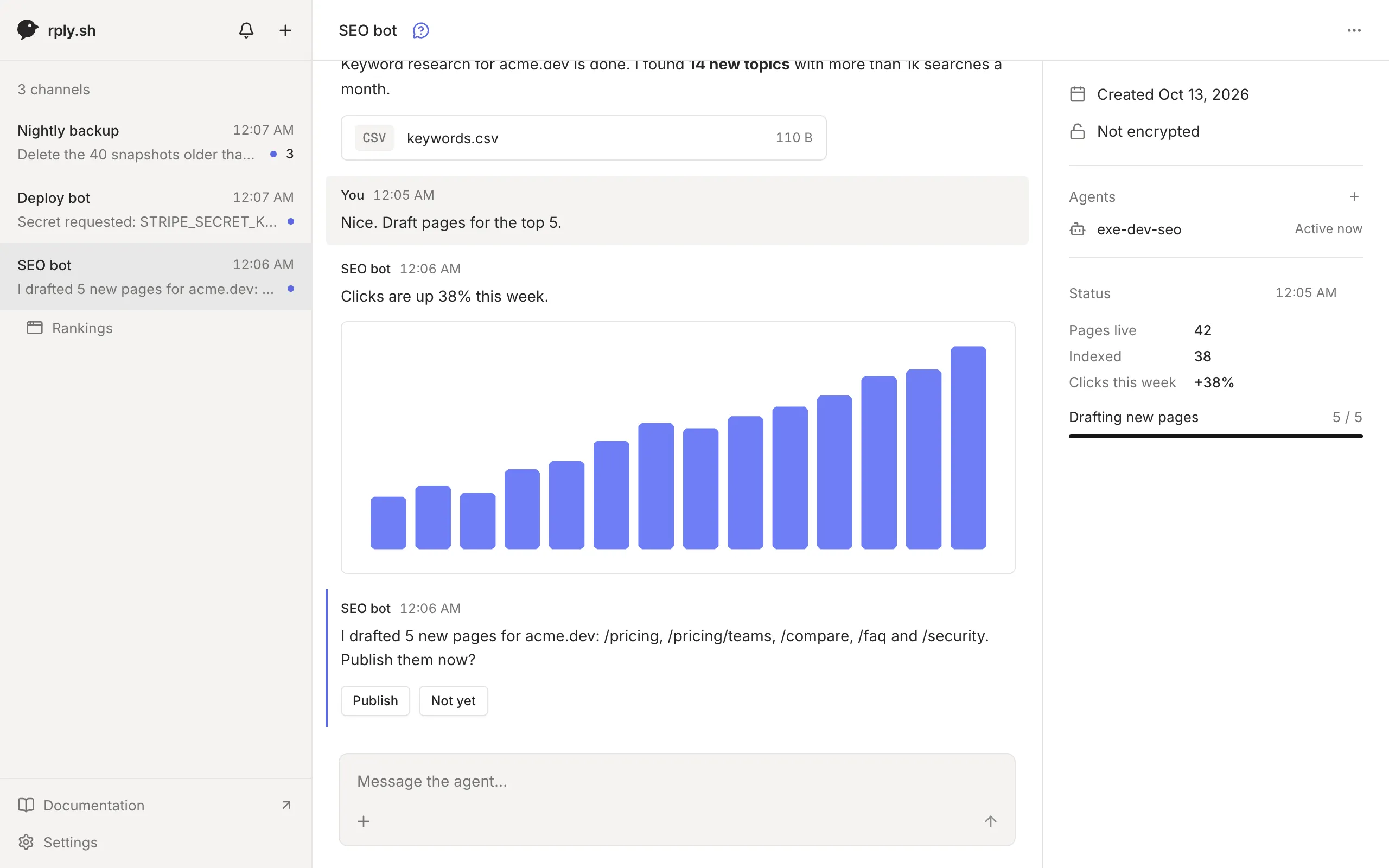 The rply web app showing a conversation with an SEO agent: a file, a chart, a pinned status and an open question